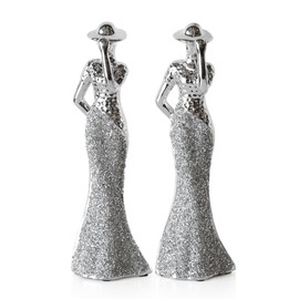 Prodbuy Set of 2 Silver Elegant Lady Figures 29.5cm Tall Silver Ceramic Ornaments