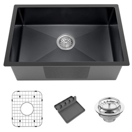 Black Kitchen Sink, Undermount Stainless Steel Bar Sink 27x18x9 Inch Drop In Single Bowl Kitchen Sink With Accessories-Sink Grid,Spoon Rest,Drain Assembly Set For Modern Kitchen Sink