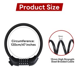 Bike Lock, 4FT Bicycle Lock Cable, Heavy Duty Cycle Lock with 5-Digit Combination resettable, with Secure Mount Bracket, 120cmx12mm,Black