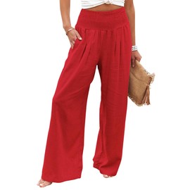 chouyatou Women's Smocked High Waisted Cotton Linen Wide Leg Pants Palazzo with Pockets (Small, Red Orange)