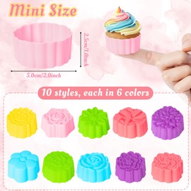 R HORSE Silicone Cupcake Liners Molds - 60Pcs Mini Colorful Floral Shaped Baking Cups, Non-Stick Cupcake Wrappers Holders Reusable Muffin Cups Liners for Pan Oven Microwave Dishwasher