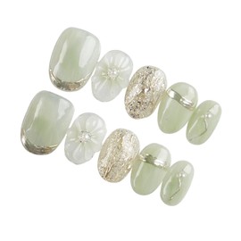 Herbeluemily Nail Tip, Short, Handmade, 3D Storage Case, 10 Pieces, Flower, Mermaid, Oval Green, S