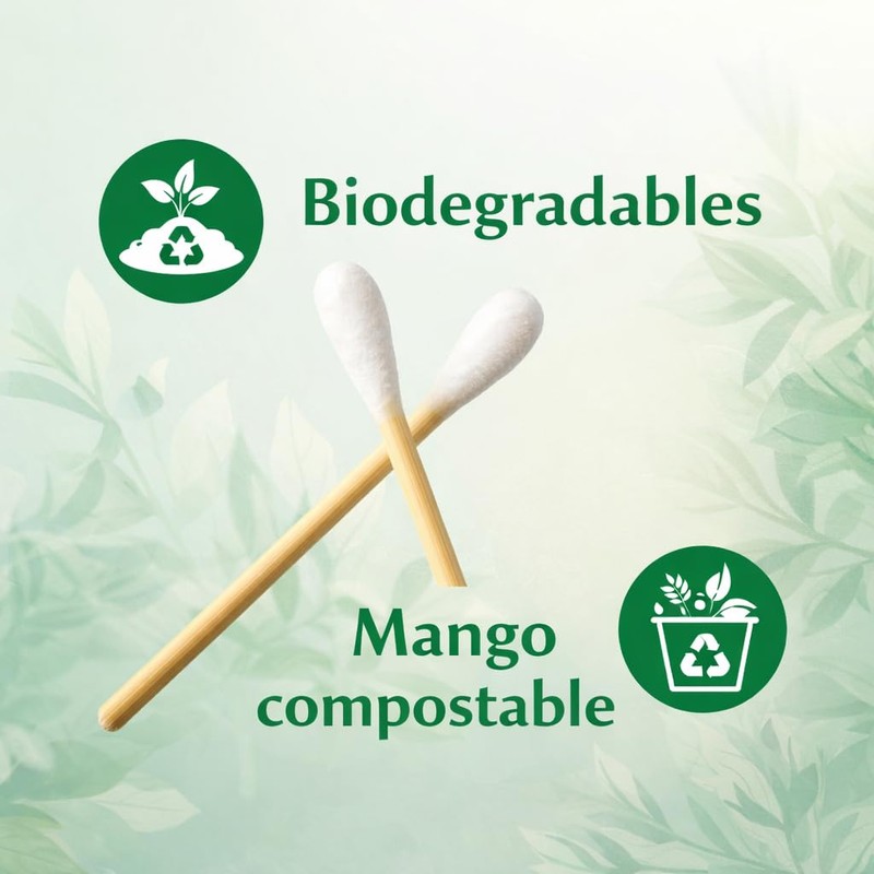 MRK HOME Hisopos con Palillo de Bambú, 100% Algodón, Biodegradables,