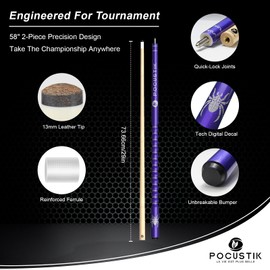 POCUSTIK Pool Cue, 58" 2-Piece Pool Stick for Adults，Ergonomic Canadian Maple Billiard Table Cues with 13mm Tip, House Bar Billiard Sticks for Men Women - Purple,18 Oz