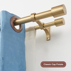 Warm Gold Double Rod Curtain Rods 72-144" (6-12ft), Decorative Double Drapery Rod with Cap Finials, 1 Inch Front and 5/8 Inch Back Heavy Duty Double Window Rods, Warm Gold Dual Curtain Rod