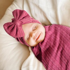 DRESHOW Newborn Baby Blanket Soft Swaddle Blankets for Infant Swaddling Receiving Warm Wraps with Bow Hat Headband