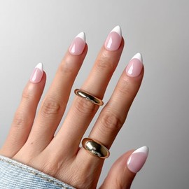 Uñas postizas con punta francesa - Punta francesa blanca almendrada corta, kit de 10 uñas acrílicas postizas hechas a mano con pestañas adhesivas impe