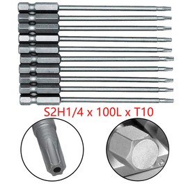 COMOK 10 Pieces 1/4 Inch Hex Shank T10 100mm/3.94 Inch Extra Long Magnetic S2 Steel Torx Security Head Screwdriver Drill Set Bits
