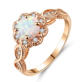 CiNily Opal Rings for Women-18K Rose Gold Plated White Fire Opal Zirconia Women Jewelry Gemstone Engagement Anniversary Ring Size 8