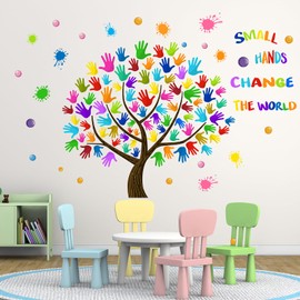 Small Hands Change The World Wall Stickers - Inspirational Quotes Colorful Hand Prints Wall Decals - Baby Nursery Kids Room Daycare Playroom Classroom Wall Decor
