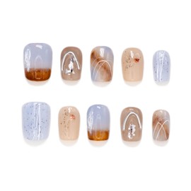 Kokowomite Nails Handmade Nail Tips, Short, Squoval, Blue, Brown, Silver, Nuance, Fashionable Korean ins, Short Nails, Popular Design, Storage Box Included, Pack of 10