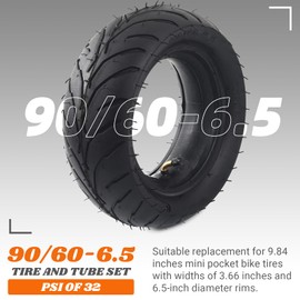 (1-Set) Universal Replacement Front 90/60-6.5 110/50-6.5 Tire and Tube Set - Fits Most 38cc, 47cc, and 49cc Mini Pocket Bikes - Compatible with MTA1/MTA2, GP-RSR, and More - Angled Valve Stem