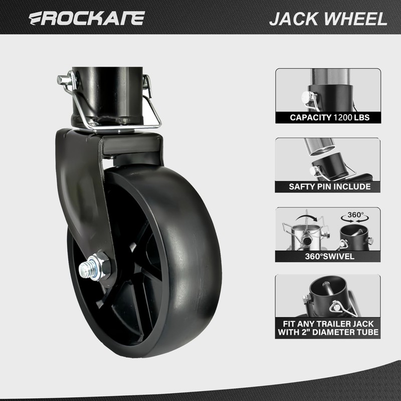 Rockane 6" Black Trailer Jack Swivel Caster Wheel Replacement, Heavy