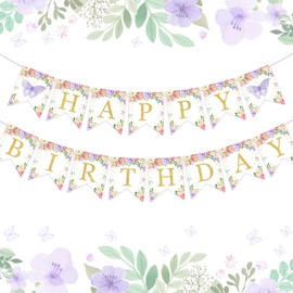 Butterfly Birthday Banner Butterfly Floral 1st 2nd 3rd Birthday Decorations Pink and Purple for Girls Women, Fairy Garden Birthday Party Supplies