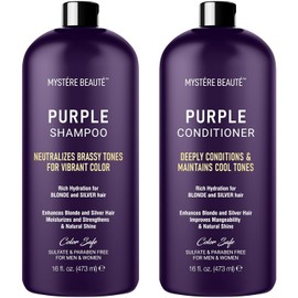 MYSTÉRE BEAUTÉ- Nuestro set de champú y acondicionador morado es el set de champú y acondicionador para cabello rubio perfecto para mantener y dar brillo al cabello gris. Formulado con extracto de man