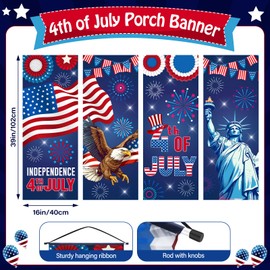 Panelee 4 Pcs 4th of July Patriotic American Flag Eagle Porch Banner Independence Day Hanging Banner Decorations Porch Signs for Independence Memorial Veterans Day Wall Indoor Outdoor Decor(Patriotic)