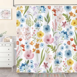 COZZSNUGE Cute Floral Shower Curtain, Watercolor Colorful Flower Leaves Trendy Plant Shower Curtain for Bathroom Waterproof Polyester Fabric with 12 Hooks, 72 x 72 Inches