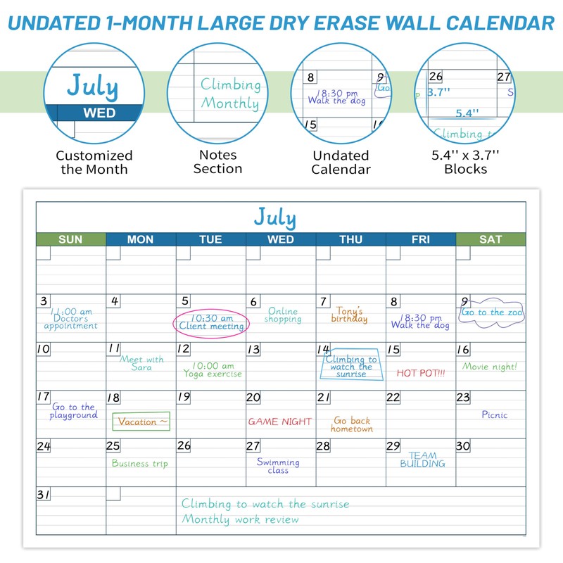 Large Dry Erase Calendar - Undated 1 Month Dry Erase
