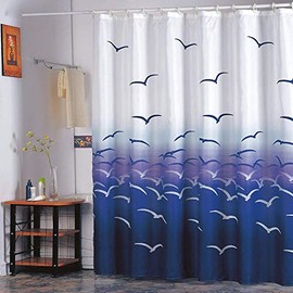MSV Anti-Mould Shower Curtain - Anti-Bacterial, Washable, Waterproof, Polyester, 180 x 200 cm Seagull White Blue