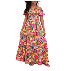 BEAUDRM Girl's 2 Piece Outfits Tropical Print Off Shoulder Ruffle Trim Short Sleeve Top and Flared Hem A Line Skirt Set Multicolor 11Y