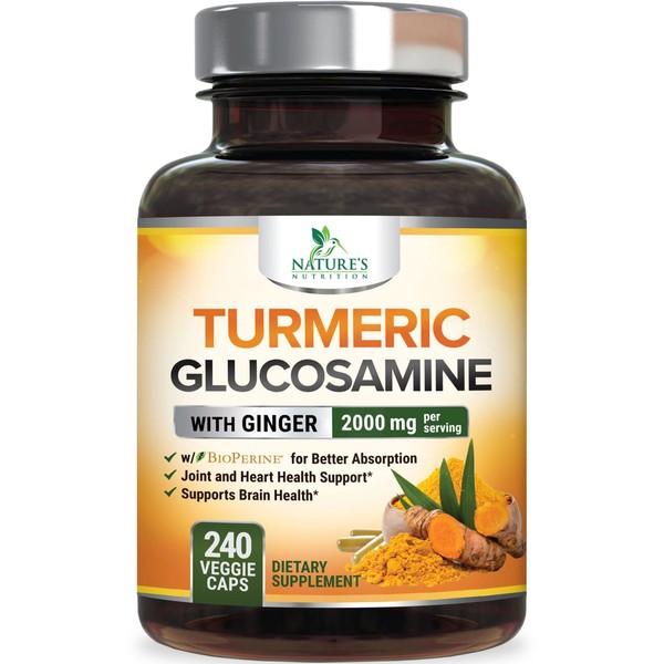 Turmeric Curcumin with Ginger & Glucosamine 2000mg with Black Pepper for Best Absorption, Joint Support, Made in USA, Natural Immune Support, Nature's Turmeric Supplement - 240 Veggie Caps