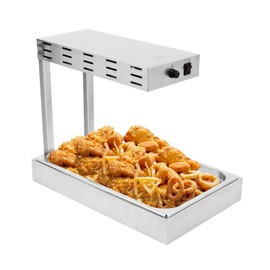 Restlrious French Fry Warmer Commercial Heat Lamp Food Warmer, Free Standing Electric Infrared Heating Dump Station, 500W Stainless Steel Food Warming Light w/Drain Board Drip Pan for Fries 2.6” Deep