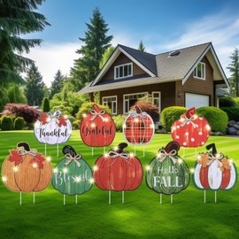 Seeloowy 9 Pcs Fall Pumpkin Yard Signs Thanksgiving Lawn Decorations with Stakes Fall Decoration with LED Light Thankful Grateful Blessed Rustic Harvest Outdoor Pumpkin Decor for Garden Lawn Decor
