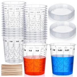 Teenyyou 30 Pack 40 oz Disposable Plastic Measuring Cups with Lid and 30 Wooden Mixing Sticks Graduated Clear Paint Mixing Cups Suitable for Epoxy Resin, Pigments, Paint Mixing, Cooking and Baking