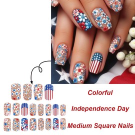 LBPEPAMZ 24Pcs Independent Day Press on Nails Medium Square Fake Nails with America Flag Design 4th of July Spring Colorful Acrylic False Nails Cute Floral Full Cover Matte Glue on Nails for Women