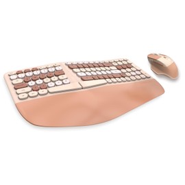 Wireless Ergonomic Keyboard and Mouse Combo with PU Wrist Rest, Carpal Tunnel Keyboard, 2.4G Colorful Split Ergo Keyboard, Comfortable Natural Typing, Compatible with PC/Laptop (Milk Tea)