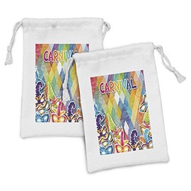 Ambesonne Mardi Gras Fabric Pouch Set of 2, Vibrant Joyful Celebration Composition Abstract Pattern Feathers Carnival, Small Drawstring Bag for Toiletries Masks and Favors, 9" x 6", Multicolor