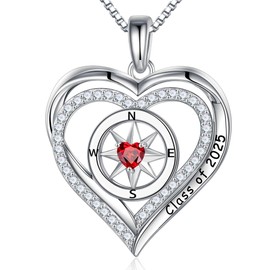 Turandoss Compass Graduation Gifts for Her 2025, S925 Sterling Silver Birthstone Necklace Engraved Class of 2025 Inspirational Necklaces High School College Graduation Gifts for Her