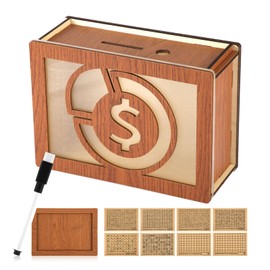 Money Box with Counter, Wooden Coin Bank Reusable Cash Vault Money Vault 10000 Dollar Piggy Bank Brown Cash Saver Box Wooden Money Box with Sticker for Gift Girls Boys Friends Adults Kids