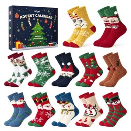 Moyel Advent Calendar 2025 Kids Fuzzy Christmas Socks with Grips 12 Days of Sock Advent Calendar for Boys Girls Funny Gifts for Daughter Son Granddaughter Nephe