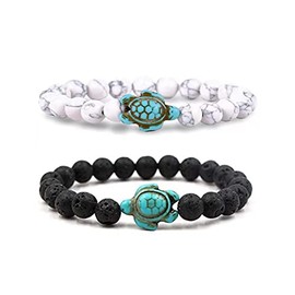 Caiyao 8mm 2Pcs Sea Turtle Natural Stone Beaded Bracelet Set Lava Stone Turquoise Stretchy Elastic Bracelet for Women Men Summer Beach Animal Meditation Jewelry Gift-B white