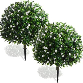 Yunlly Set of 2 Artificial Boxwood Topiary Ball Tree 27 Inch Outdoor Boxwood Balls with Flower Faux Bush UV Resistance Fake Shrub Plant with Spike for Garden Porch Patio Decor(White,27x18inch)