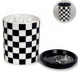 Q tip Holder, Qtip Dispenser with Lid, Cotton Swab Ball Holder Container for Bathroom, Q-tip Canisters/Apothecary Jar for Countertop Organizer, Modern Checkered Bathrooms Decor,Black and White Ceramic