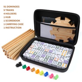 ELONGDI Mexican Train Double 12 Dominoes Set with 4 Wooden Trays/Racks in Portable Carrying Case Colorful 91 Tiles & 9 Trains Board Game for Family Game Night