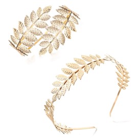 JeryWe Greek Goddess Headband Arm Cuff Bridal Jewelry Set Roman Laurel Leaf Branch Crown Armlet Upper Arm Band Bracelet Adjustable