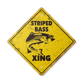 Striped Bass Vintage Crossing Sign Zone Xing | Indoor/Outdoor Plastic | 17" Tall Rustic Fishing Boat Fish Rod Lover Fisherman Lures Reel
