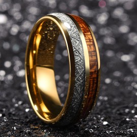 King Will METEOR 8mm Gold Tungsten Ring for Men Imitated Meteorite Wood Inlay Domed Mens Engagement Wedding Band Comfort Fit