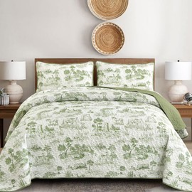 Drucon Sage Green Farmhouse Quilt Set Queen Size, Spring Toile Rustic Bedspreads, 3 Pieces Village Landscape Printed Coverlet, Soft Microfiber Quilt Bedding Set for All Season (96x90 Inch)