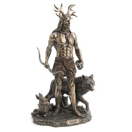 VERONESE DESIGN 11 3/4 Inch Tall Herne The Spirit Hunter of Windsor Forest Standing with Deer and Wolf Cold Cast Bronzed Resin Sculpture Celtic Wicca Statue