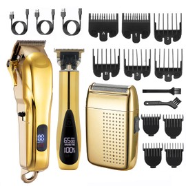 Roziapro Professional Hair Clippers 3-in-1 Barber Clipper Set, T-Shaper Trimmer & Foil Shaver Rechargeable Beard Trimmer Men’s Hair Clipper Kit (Gold)