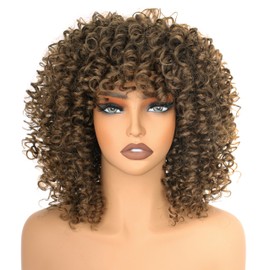 PORSMEER 14 inch Afro Curly Wigs for Women, Short Loose Kinky Curly Wigs with Bangs for Black Women, Synthetic Afro Curls Hair 70s (Medium Brown)