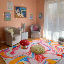 Aldopein Colorful Pink Cute Bedroom Rug Washable Thin 4x6 Rug Non Slip, Modern Abstract Groovy Funky Aesthetic Fluid Living Room Rug Throw Carpet, Hippie Marble Accent Rug for Kitchen Entryway Indoor