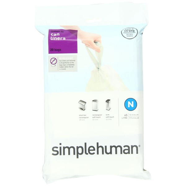 simplehuman Custom Fit Trash Can Liner N, 45 Liters / 12 Gallons, 20-Count (Pack of 2)