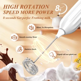 GYUGFCG Milk Frother Powerful Handheld Rechargeable With 2 Stainless Heads 3 Speeds, Frother Wand Drink Mixer,Electric Whisk Foam Maker for Coffee,Lattes,Cappuccino,Hot Chocolate,Matcha, Egg - White