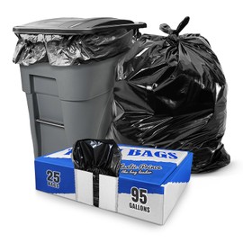 95-96 Gallon Trash Bags, Extra Large Heavy Duty Industrial Durable Black Garbage Can Liners 2 Mil, Fits Rubbermaid Rollout, Round and Square Trash Cans, 61" x 68" (25 Pack) Bulk