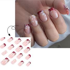 Red French Tip Press on Nails Flower Stick on Nails Spring Glue on Nails Medium Length Coffin Fake Nails with White Flower Design False Nails Acrylic Nails Kit Artificial Nails for Women Girls 24Pcs